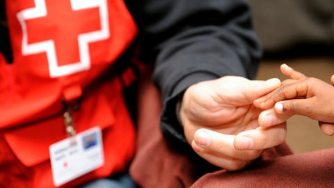 Adult hand holding younger child's hand. Adult is wearing Canadian Red Cross jacket. 