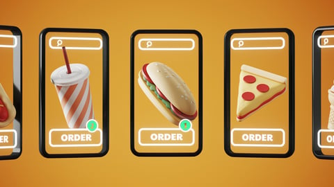 Multiple iphones displaying different fast food items with "order" written on each screen.