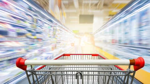 Rendering of a shopping cart in a grocery store going fast.