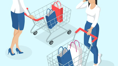 Young women walking with shopping cart. Back view. Isometric 3d flat design vector people different characters, styles and professions, full length diverse acting poses collection.