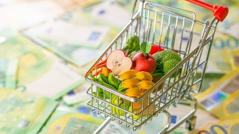 ecorative supermarket trolley with groceries on euro banknotes background.Grocery basket in Europe. food crisis.