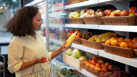 An african american woman buy a fruit and vegetable from refrigerator cold in food convenience store for eat at home