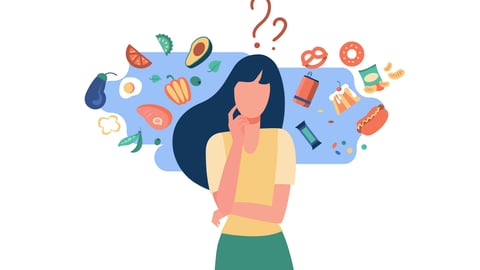 Woman choosing between healthy and unhealthy food. Character thinking over organic or junk snacks choice. Vector illustration for good vs bad diet, lifestyle, eating concepts