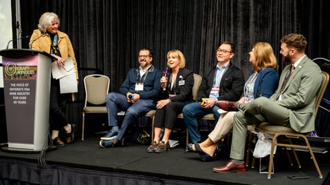 Carolyn Hurst, president and co-founder, Westcott Vineyard, moderated.   Seated from left: Giancarlo Trimarchi, president, Vince's Market; Jennifer Gordon, assistant general merchandise manager, cooler, liquor, sundries, tobacco, Costco Wholesale;  Lucas Babando, category manager, beer, RTDs, cider and wine, Circle K; Anne Kothawala, president and CEO, CICC; and Sebastian Prins, director of government relations (Ontario), Retail Council of Canada 