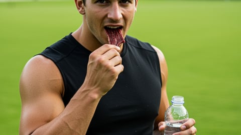 man eating beef jerky and drinking water