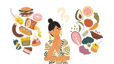 Woman debating healthy eating options