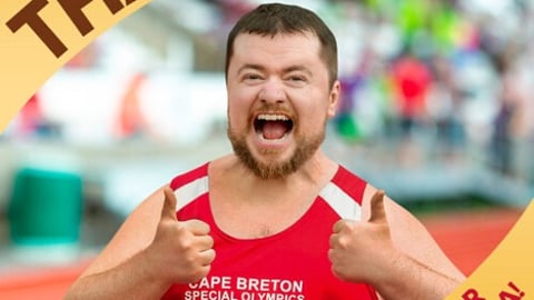 Poster for Special Olympics and Tims with happy runner giving thumbs up
