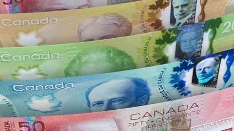 An array of Canadian currency: The bills are fanned out in order of denomination.
