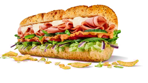 subway sandwich on white background, stacked with ingredients and drizzled with All Dressed Sauce