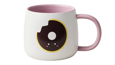 Tim Horton's pink and white mug with a doughnut on it.