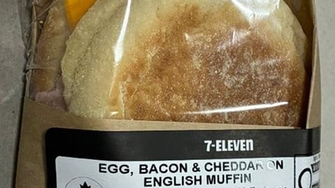 A prepared egg, bacon & cheddar english muffin from 7-Eleven.