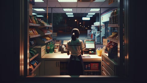 Clerk at a gas station convenience store cash register at night.
