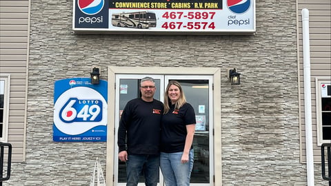 Wendy and Deon Penney outside the front door of their store, Dunrovin North Atlantic