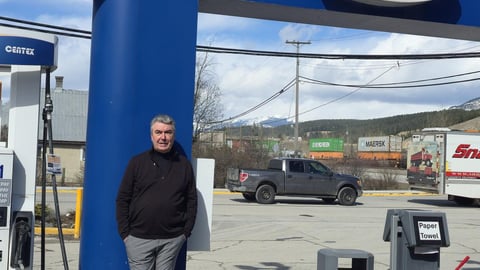 Owner, Mark Baxendale stands in front of the pumps in Mountain Mart's forecourt