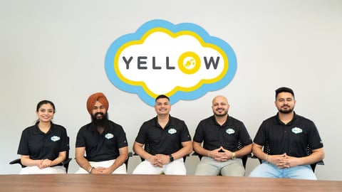 Yellow staff from left to right: Ratanjot Luthra; Navdeep Singh; Vikram Bhown; Tejbir Singh and Karandeep Singh