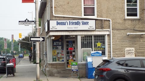 exterior photo of a small corner store in Ottawa named Donna's Friendly Store