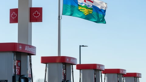 A row of gas pumps at a gas station with the Alberta provincial flag in the background