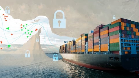 map of the Strait of Hormuz overlaid with container ship 