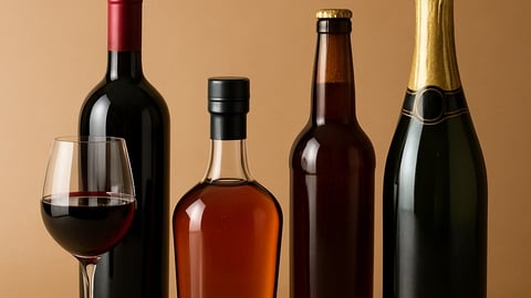 a row of alcoholic beverages without labels: red wine, liquor, beer and champagne.