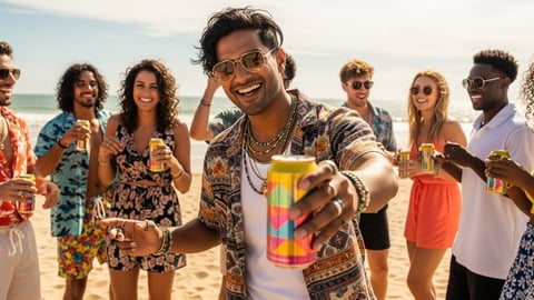Group of outdoor drinkers on a beach toasting with a canned beverage