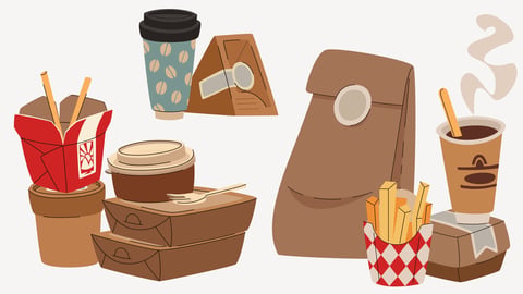 an array of takeout food prices in packaging