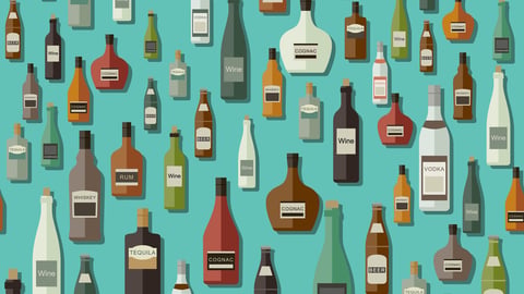 an array of unlabled alcohol bottles