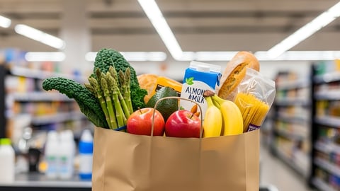 Fresh fruit and veg in grocery bag