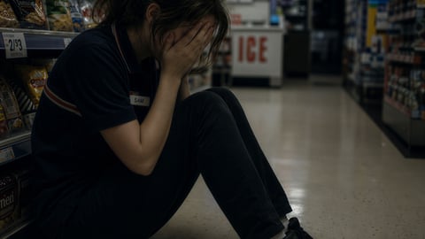 young burnt-out clerk sitting on c-store floor