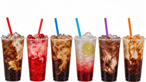 A row of dirty sodas and iced coffees