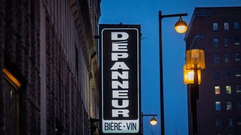 Depanneur sign featuring beer and wine