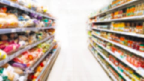 Blur supermarket background. Defocused shelves with products. Grocery store. Retail industry. Discount. Inflation concept. Aisle. Consumer packaged goods. CPG. Rack. Tariff reprieve. Price hikes.; Shutterstock ID 2610054577