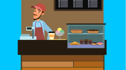 Coffee and confectionery business. Man standing in front of the counter. Takeaway cafe business interior.Vector illustration in cartoon style.