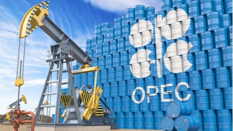 OPEC Organization of the Petroleum Exporting Countries. Oil pump jack and oil barrels with OPEC flag. 3d illustration