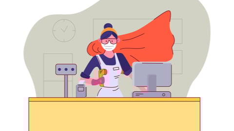 You are our heroes. Seller in medical mask and goggles stands behind the cash register with a superhero cloak during quarantine. Appreciation to sales staff. Vector illustration.