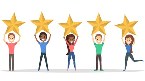 Happy satisfied people holding 5 huge golden stars. Rate the product quality. Idea of feedback and review. Isolated flat vector illustration