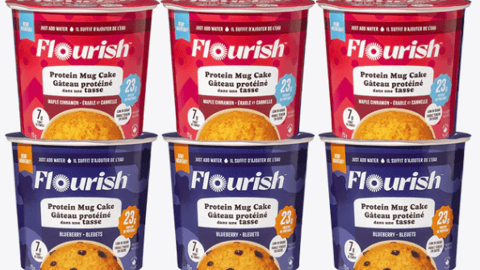 Two flavours of Flourish Protein Mug Cakes