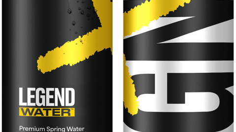 Two cans of Legend water in black and silver