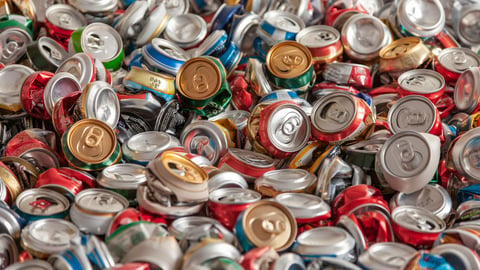 Recycle aluminum metal crushed can waste background. Beer cans garbage will be compressed and baled. Recycling concept.