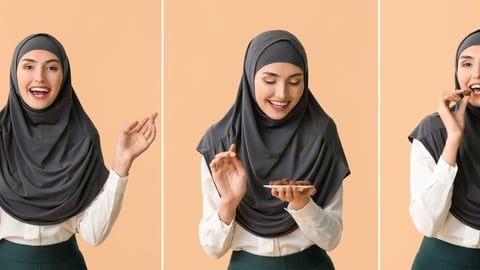 Three images Collage with Muslim woman eating tasty chocolate and candies on color background