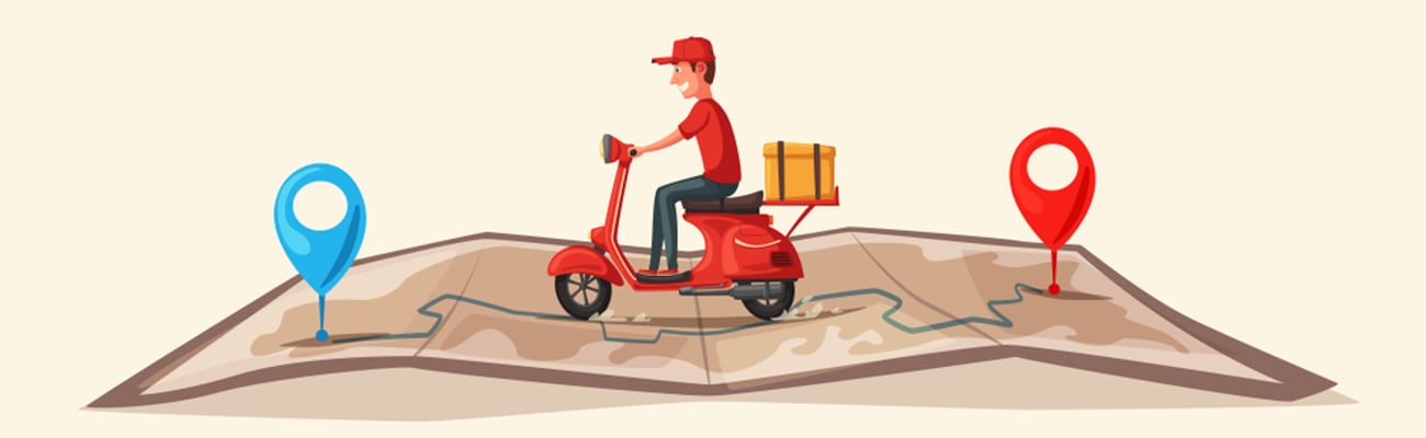 Fast and free delivery by scooter. cartoon illustration. Food service. Retro bike. Funny character