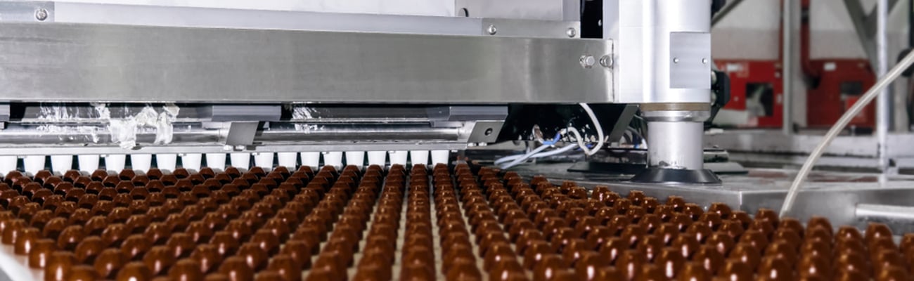 rows of toppings for chocolates manufactured by machine, on a conveyor of a chocolate factory