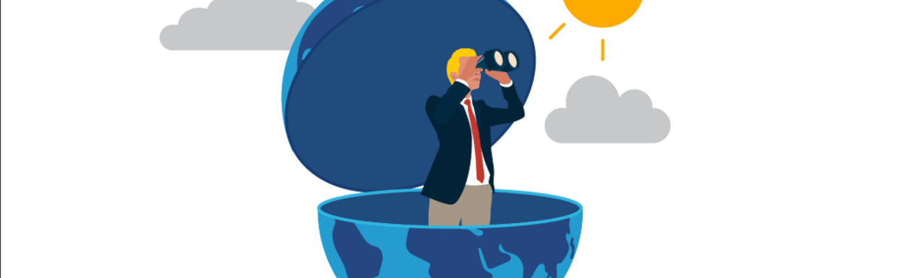 Man in globe looking binoculars