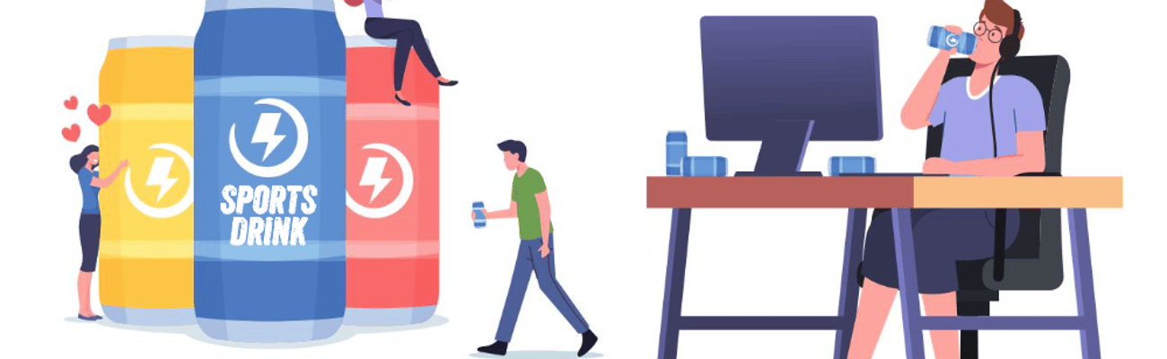 People fawning over large cans or sports drinks and a women guzzling at her desk