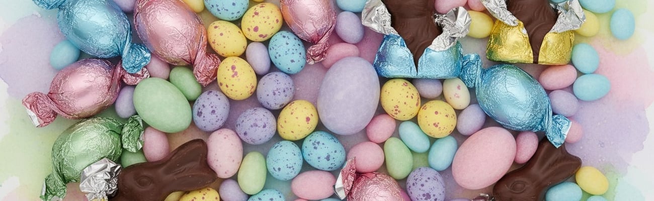 spring easter eggs and chocolate bunnies