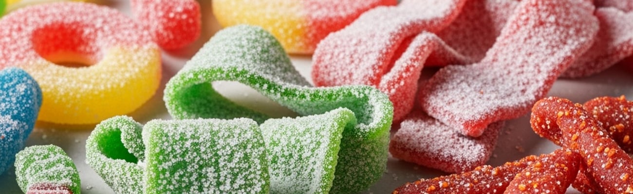A range of gummy candies ranging from sweet to spicy