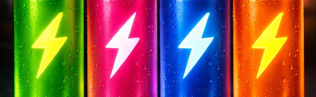 AI generated image of glowing, unbranded energy drink cans