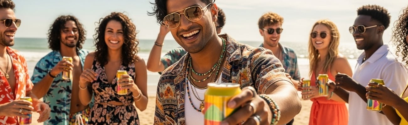 Group of outdoor drinkers on a beach toasting with a canned beverage