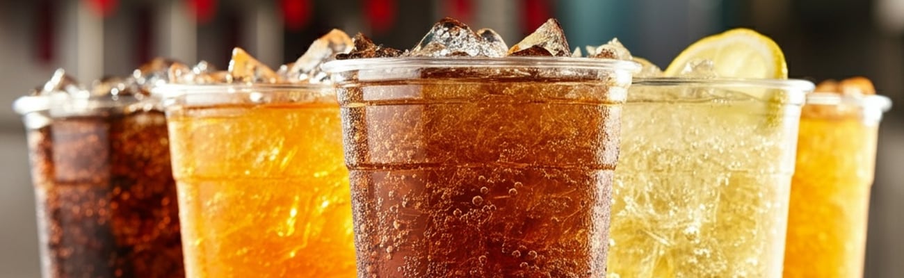 row of soft drinks with soda fountain in background