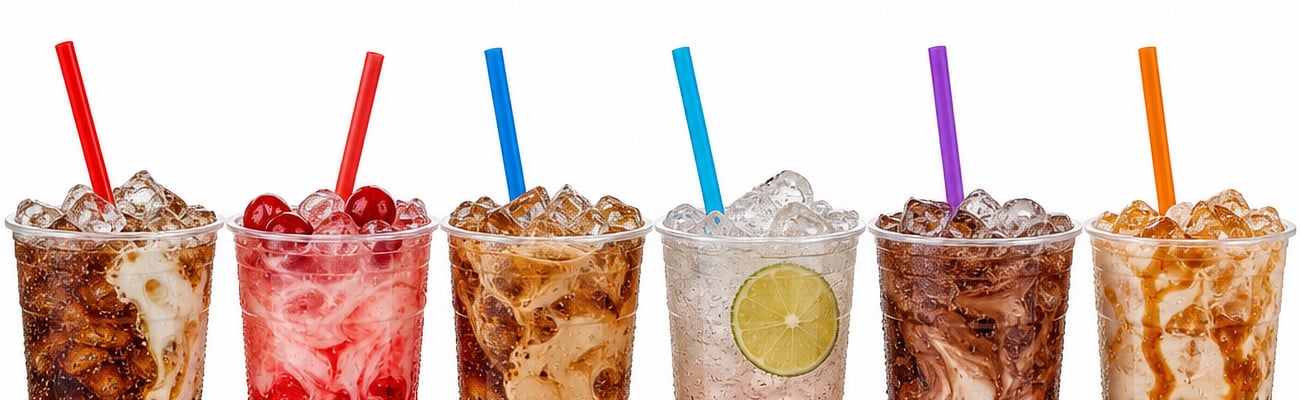 A row of dirty sodas and iced coffees