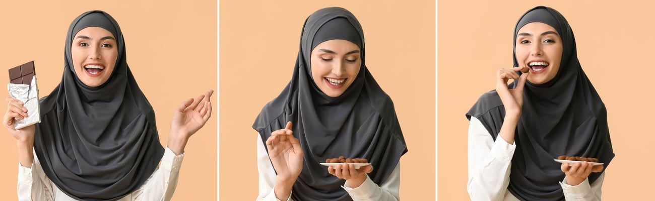 Three images Collage with Muslim woman eating tasty chocolate and candies on color background